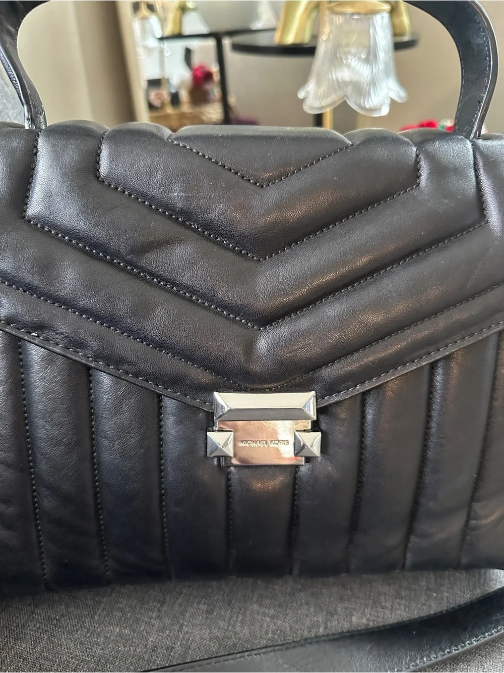 Michael Kors Black Quilted Top-Handle Satchel with Gold Hardware